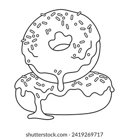 Donuts. Postre, dulces. página de coloreado, icono, ilustración vectorial en blanco y negro.