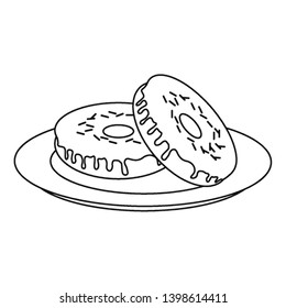 Donuts desserts on dish cartoon in black and white