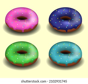 Donuts in different colors: pink, blue, dark blue and green