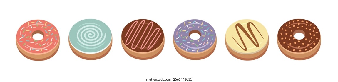 Donuts in different flavor. Colorful donuts. Set of soft donuts. Bakery. Dessert food.