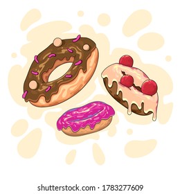 Donuts con diferentes vidrios cayendo sobre fondo blanco con salpicaduras. Vector.