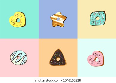 Donuts in different shapes on colorful background