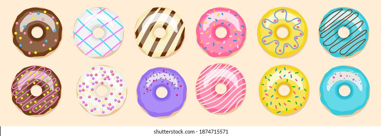 Donuts. Donut vector set isolated on white background. Donuts in colored glaze, assorted kids sweets, pastries for menu design, cafe decoration and set of vector glass lids for delivery boxes.