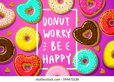 Donuts With Donut Worry Be Happy Note. Flat Design, Vector Illustration