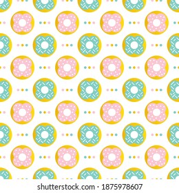 Donuts and dots colorful cute vector seamless pattern background with sweets.
