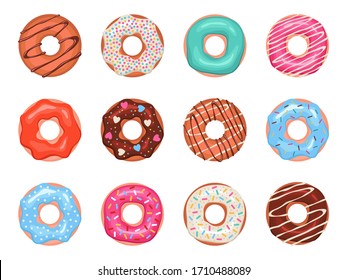 Donuts. Doughnuts in colorful glaze, kids sweets assorted, pastry for menu design, cafe decoration and delivery box glazed cover vector set