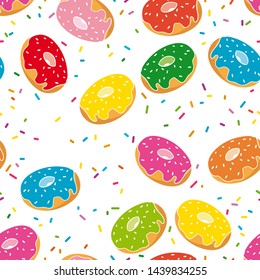 Donuts or doughnuts seamless background. Glazed and lush baking. Colorful and cheerful pattern. Tasty and funny meals. Eps 10 vector illustration.