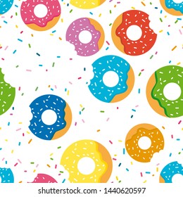 Donuts or doughnuts seamless background. Glazed and lush baking. Colorful and cheerful pattern. Tasty and funny meals. Eps 10 vector illustration.