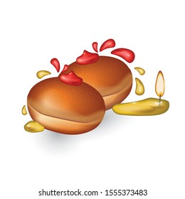 Donuts and drops of oil and jam are thrown, and a candle is lit in oil. Jewish food for Chanukah