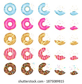 Donuts eaten in  stages. Pink, yellow and blue glazed chocolate donuts, tasty donut animation progression. Eating dessert scale vector illustrations. Donut stage, eating animation, breakfast concept