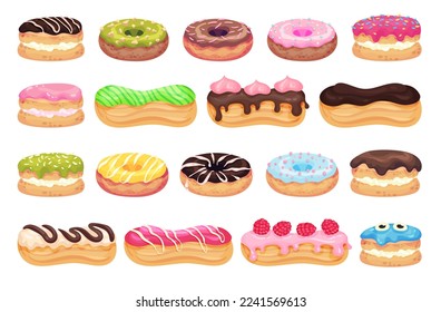 Donuts and Eclair as Choux Dough Pastry with Cream Filling and Sugar Glaze Big Vector Set