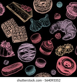 Donuts, eclairs, cakes, croissants, waffles, muffins, cheesecakes, biscuits, cookies, meringue. Seamless vector pattern. Vintage illustration food on black background. Hand drawing of sweets, desserts