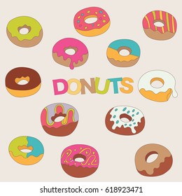 Donuts elements stickers set. Hand drawn colorful doodle elements vector illustration