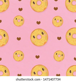 Donuts face chocolate heart seamless pattern with pink paper background.sweet lover bakery product yellow glaze.