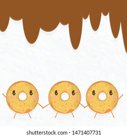 Donuts face hang hands and smiling with drop chocolate paper background.bakery product lover lovely cover yellow glaze.