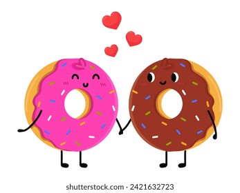 Сute donuts falling in love. Love and Valentine's Day concept. Be my Valentine. Illustration isolated on white background.