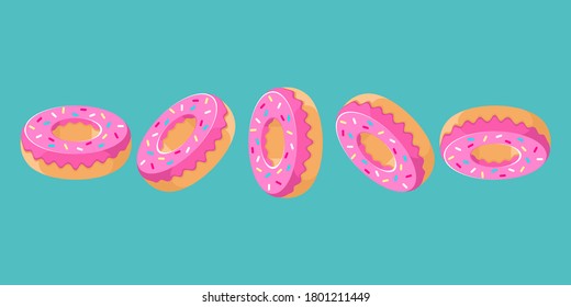 Donuts falling on blue background. Pink  glaze and colored sprinkles. Vector background, horizontal banner.