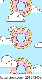 Donuts falling from sky with cloud and sky background in vertical design cartoon hand drawn illustration