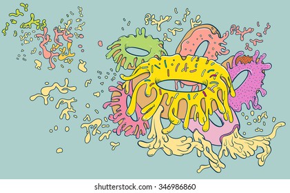 Donuts filled with sour cream melted sloppy flow. Vector illustration graffiti doodles style color full.