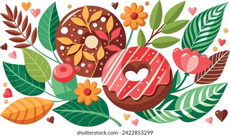 Donuts floral pattern with hearts shape and vintage flowers and ring doughnuts, greeting card, recipe cooking banner, poster, invitation card party design. Happy Valentine's  Day