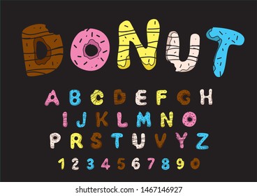 Donuts font. Bakery sweet alphabet. Pink, yellow, blue, brown, cream-colored donuts with letters and numbers. - Vector