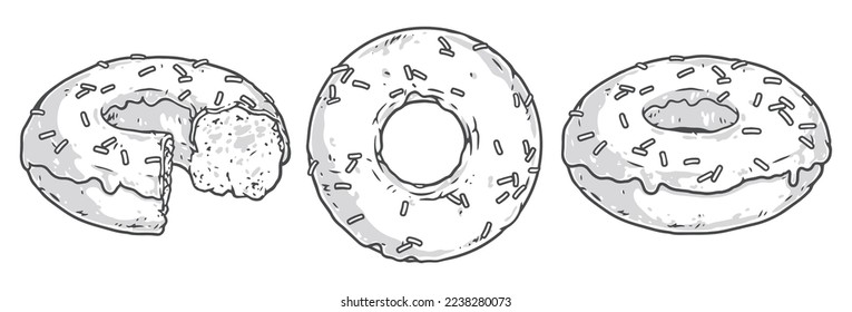 Donuts food elements colorful set birthday cake or sweet snack for quick snack from round buns with icing vector illustration