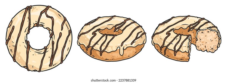 Donuts food labels colorful set sweet dessert of buns of rings with milk chocolate icing from sugar vector illustration