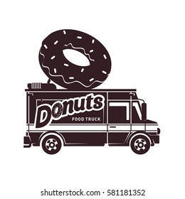 Donuts food truck logo vector illustration. Vintage style badges and labels design concept for food delivery service vehicles. Two tone logo templates for your design. Isolated on a white background