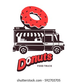 Donuts food truck logo vector illustration. Vintage style badges and labels design concept for food delivery service vehicles. Two tone logo templates for your design. Isolated on a white background