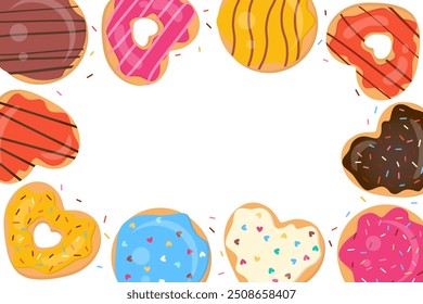 Donuts Frame. Sweet Cookies Background. Doughnut Dessert Border. Backdrop for Birthday, Sweetest Day, Confectionary.