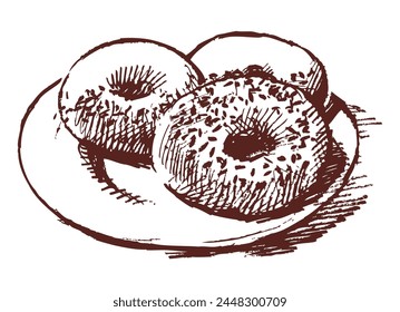 Donuts fresh soft three on plate baked goods delicious, vector, texture hand drawing isolated on white