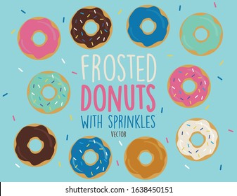 Donuts - Frosted and Glazed with Sprinkles - Flat, Fun Vector Illustration Isolated - Single Donuts, Bakers Dozen Donuts, Assortment, Variety Doughnuts