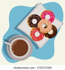 Donuts with a glass of melted chocholate vector illustration