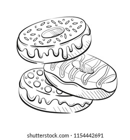 donuts with glaze and candies, cream and sweetmeats sprinkling. Sweet beautiful dessert. Clipart for a restaurant or cafe menu. Line art. Sketch style