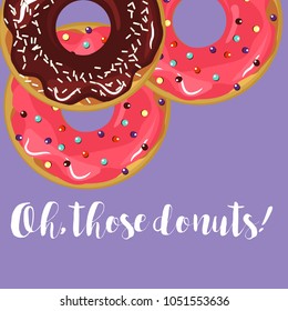 Donuts with glaze. Card bright doughnut with funny name. Vector illustration dessert background sweet donut chocolate bakery sugar doughnut glazed breakfast pastry snack cream delicious tasty