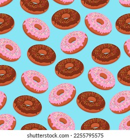 Donuts con vidrios y rociadores de color sin costura, ilustración vectorial de alimentos en estilo plano