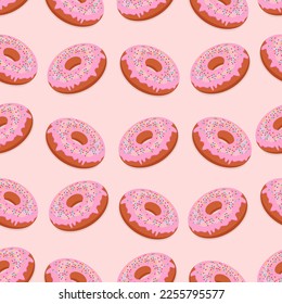 Donuts with glaze and colored sprinkles  seamless pattern, vector food illustration in flat style