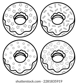 Donuts con acristalamiento. Libro de Colores para niños y adultos. Libro de colorantes anti estrés vectorial. Contacte donuts. Diseño para papel pintado, empaque, banners, impresión. Hecho en un fondo blanco.