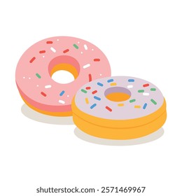 Donuts with glaze, doughnuts with sprinkles isolated on white background. Sweet dessert in cute cartoon style. Vector icon, illustration. Modern trendy design.