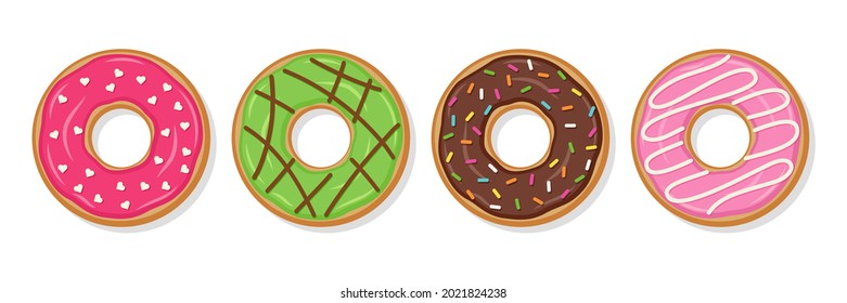 Nüsse mit Glasur und glänzender Vereisung. Setz süße Donuts. Süßigkeiten, einzeln auf weißem Hintergrund. Draufsicht auf Geburtstagsgebäck. Flaches Design. Vektorgrafik.