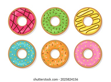 Donuts with glaze and glossy icing. Set sweet doughnuts. Top view of birthday pastry. Confectionery dessert isolated on white background. Flat cartoon design. Vector illustration.