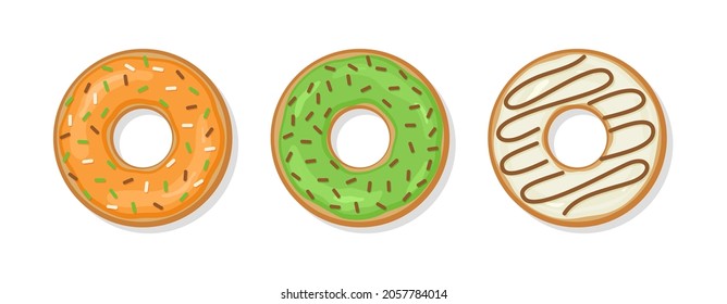 Donuts with glaze and glossy icing. Set sweet doughnuts. Top view of confectionery dessert. Birthday pastry isolated on white background. Flat design. Vector illustration.