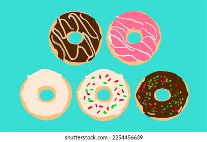 Donuts con glaseado y glaseado. Juego de donuts dulces. El postre de pastelería está aislado. Vista superior de la pastelería de cumpleaños. diseño plano. ilustración vectorial.