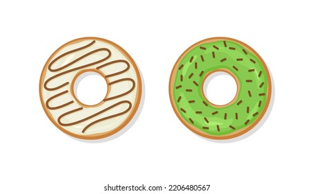 Donuts with glaze and glossy icing. Top view of confectionery dessert. Two sweet doughnuts. Birthday pastry isolated on white background. Flat design. Vector illustration.