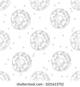 Donuts with glaze and little hearts for St. Valentine's day seamless pattern in black and white. Coloring page