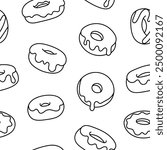 Donuts with glaze. Seamless pattern. Coloring Page. Sweet doughnuts. Chocolate confectionery. Hand drawn style. Vector drawing. Design ornaments.