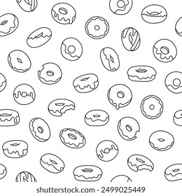 Donuts with glaze. Seamless pattern. Coloring Page. Sweet doughnuts. Chocolate confectionery. Hand drawn style. Vector drawing. Design ornaments.