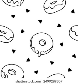 Donuts with glaze. Seamless pattern. Coloring Page. Sweet doughnuts. Chocolate confectionery. Hand drawn style. Vector drawing. Design ornaments.