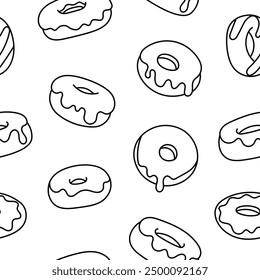 Donuts with glaze. Seamless pattern. Coloring Page. Sweet doughnuts. Chocolate confectionery. Hand drawn style. Vector drawing. Design ornaments.