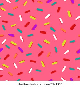 Donut's glaze seamless pattern with sprinkles, pink background, texture. Vector illustration.